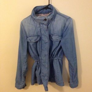 Chambray Jean Jacket Field Coat Snap Zipper Closing Hooded